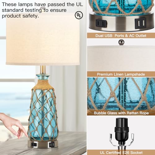 Ruzectt Coastal Glass Table Lamps, 3-Way Dimmable Touch Control Bedside Lamps with 2 USB Ports and AC Outlet, Teal Nautical Nightstand Lamps for Bedroom Living Room (LED Bulbs Included) - color: Teal 1P