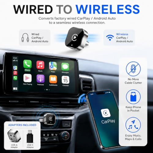 Wireless CarPlay Adapter, 2-in-1 Wired to Wireless CarPlay and Android Auto, Plug and Play, Fast Auto Reconnect, Mini Dongle with USB-A to USB-C Adapter