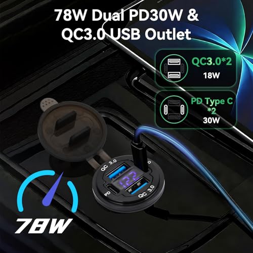 12V USB Outlet, 78W 4-Port, 2 USB-C PD30W and 2 QC3.0 Fast Charger - size: 1 pack