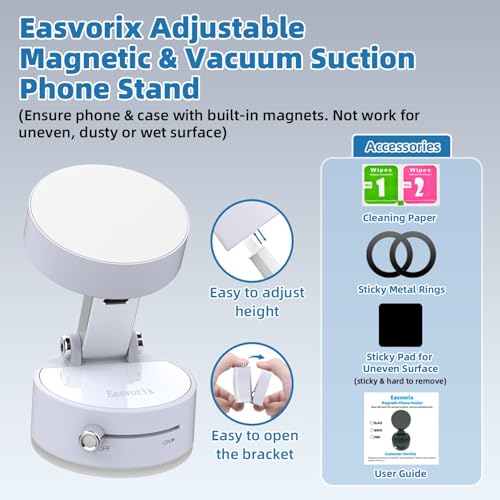 Vacuum Magnetic Phone Holder with Metal Ring Compatible with iPhone 17 16 15 14 All Phone, Portable Universal Collapsible Magnetic Phone Stand for Gym, Car Mount with Windshield Suction Cup - color: White