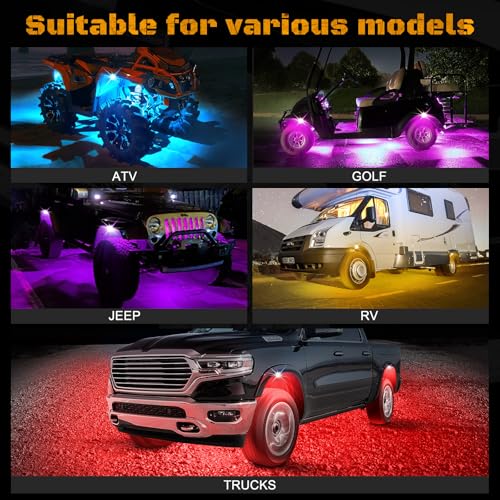 8 Pods RGB LED Rock Lights Kit with APP Control, Multi-Color 175° Beam Angle Car Underglow for Trucks, Waterproof Music Mode, Neon Underbody Lights for Jeep UTV SUV ATV Boat Golf Cart Exterior