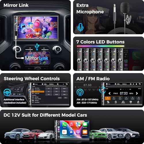 Double Din Car Stereo with 7" HD Touchscreen, Wireless Apple Carplay & Android Auto, Bluetooth, 240W, SWC, Subwoofer Output, Mirror Link, FM/AM Car Radio Receiver, Backup Camera - style: Volume knob + 2 physical buttons
