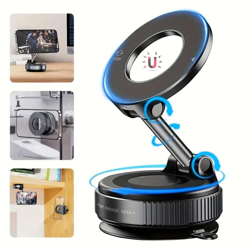 Magnetic Car Phone Holder with Suction Cup Mount – Foldable Phone Stand for Dashboard & Windshield, Compatible with All Smartphones
