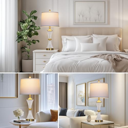 Rinweey Crystal Glass Table Lamp with USB C+A Ports & AC Outlet,Modern Bedroom Lamps,Gold Lamp for Night Stands Bedroom Living Room,Nightstand Lamp LED Bulbs Included,Single Gold - color: Gold-1P