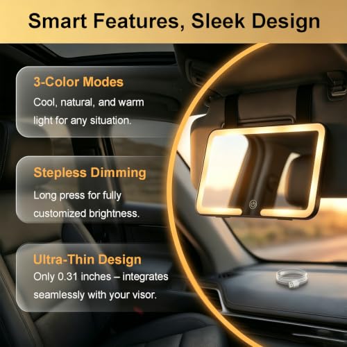 Car Sun Visor Vanity Mirror, Slim Makeup Mirror with Adjustable Straps