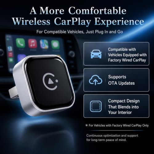Wireless CarPlay Adapter, Ultra Mini Apple CarPlay Wireless Dongle for Factory Wired CarPlay Cars, Premium Matte Silver, 5GHz WiFi & Bluetooth Plug & Play Auto-Connect, No Delay