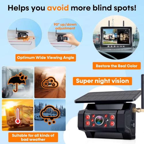 RV Backup Camera with Solar Magnetic - 50 FT Long Distance No Signal Delay - size: 7.1" RV Trailer Backup Camera