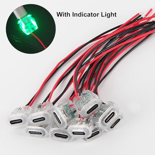 10PCS LED USB Type-C Female Chassis,3A 2-pin Soldering Jack,2 Wire USB C Panel Mount Connector,24AWG USB C Pigtail Cable Extension Power Cable (with LED) - style: F