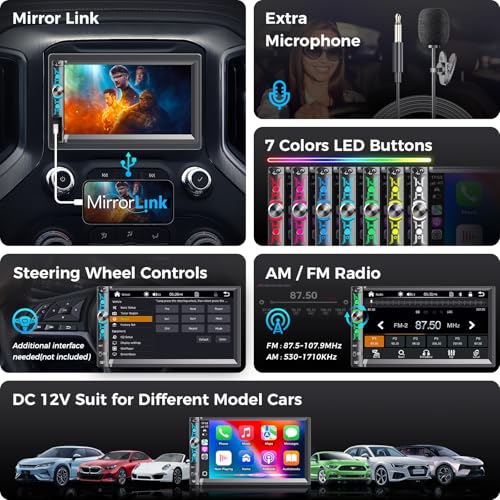 7" Double Din Car Stereo with Wireless Apple Carplay & Android Auto, Bluetooth, 240W, SWC, Subwoofer Out, Mirror Link, USB-C/AUX/TF, FM/AM Car Radio Receiver, Backup Camera - style: Volume knob + 4 physical buttons