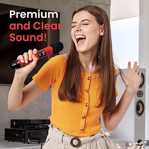 Pyle 4 Channel Wireless Microphone System, Portable UHF Band Receiver System, Independent Channel Controls, RF Signal LCD Indicator, Digital Audio Microphone Set with 4 Handheld Microphones (Red) - style: Set of 4 Mics