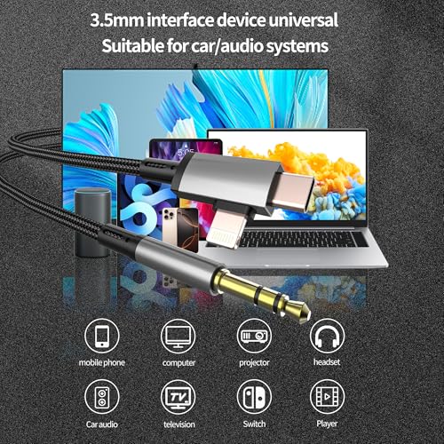 Aux to USB C Lightning Male for iPhone 17 16 15 14 13 Pro Max (1M) 3.5mm Audio Female Cord Headphone Jack Adapter Cable Car Plug Splitter Compatible with Samsung S25 for Ipad 10 Port Dongle