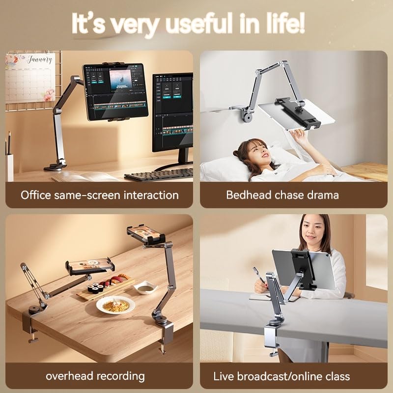 Rotatable Holder Stand Tablet Holder Multi-Angle Design Phone Clip Swivel Mount Desktop Aluminum Alloy Cantilever Bed Desk Home Live Folding Bracket Compatible with 4"-13" Phone Tablet (Silver) - color: Silver