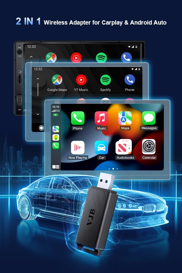 VJB Wireless CarPlay & Android Auto Adapter Dongle for iPhone & Android, Wired to Wireless Converter, Plug and Play USB Car Accessory, Fast Auto-Connect for 2016+ Vehicles (iOS 10+, Android 10+)