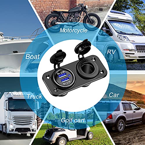 ELECTOP Cigarette Lighter Socket Outlet Splitter, 12V USB Outlet USB Charger 12 Volt Socket Power Outlet with LED, Waterproof Power Socket Panel Adapter DIY Kit Dual USB Ports for Car Boat Marine RV