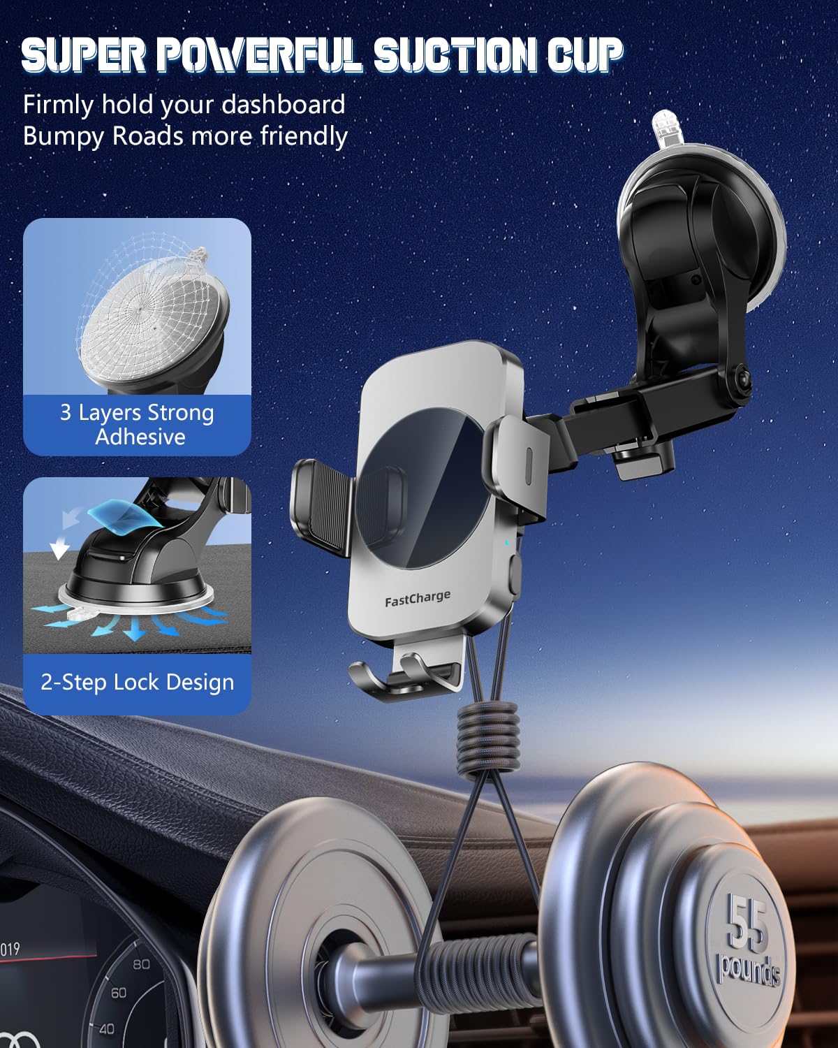 BothLin 3-in-1 Wireless Car Charger Mount, 15W Fast Charging Auto-Clamping Phone Holder for iPhone 17 16 15 14, Samsung Galaxy S24 S23, Dashboard, Vent & Windshield Car Mount - color: Space Grey