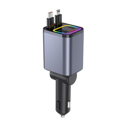 4-in-1 Retractable 30W Fast Car Charger, Dual USB-C Lightning Cable, 180° Adjustable Ambient Light 12V-24V
