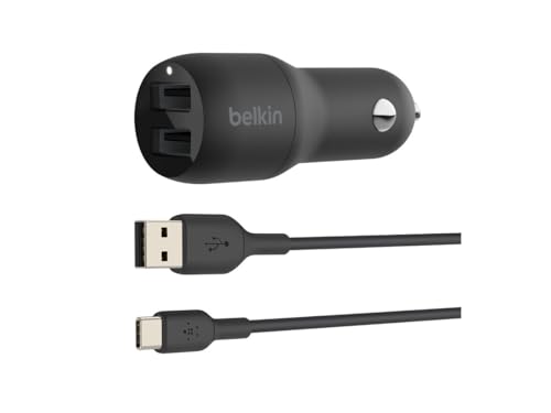 Belkin 24 Watt Dual USB Car Charger - 2 12W USB A Ports with USB-C Cable for Fast Charging Apple iPhone 14, 14 Pro, 14 Pro Max, iPhone 13, Samsung Galaxy, AirPods & More - USB-C Charger - size: 24W, style: Includes USB-C Cable