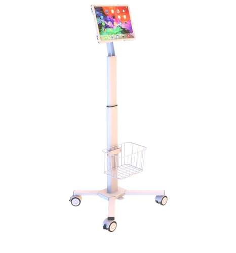 Mount Plus C01 Height Adjustable Mobile Medical Tablet Cart with Wheels and Tablet Enclosure Basket Storage | Medical Trolley for Hospital Clinic Beauty Salon | Pneumatic Mobile iPad Workstation