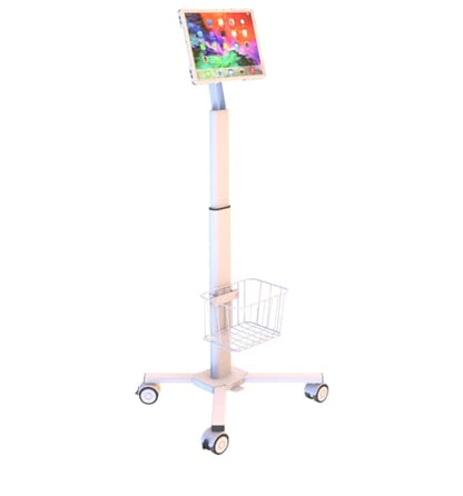 Mount Plus C01 Height Adjustable Mobile Medical Tablet Cart with Wheels and Tablet Enclosure Basket Storage | Medical Trolley for Hospital Clinic Beauty Salon | Pneumatic Mobile iPad Workstation