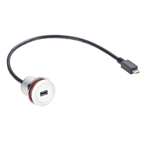 Micro USB 2.0 Threaded Fixed Mount Charging Short Cable Micro USB Male to Female Extension Cable Micro USB 5Pin Flush Round Dash Panel Mount Data Power Cable for Car Boat Motorcycle Truck(0.3M/1FT)