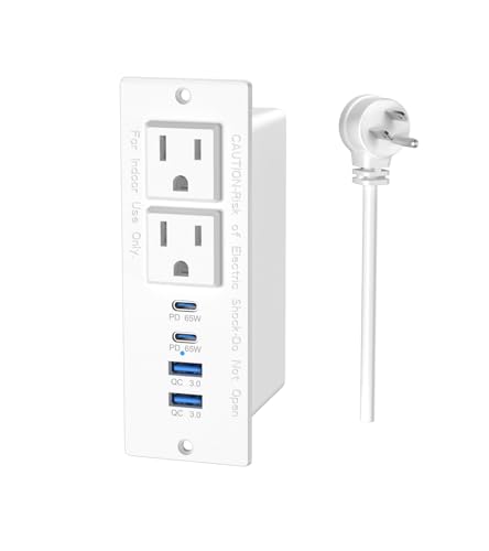 65W USB C Recessed Power Strip, Recessed Outlet with 4 USB Ports, Flush Mount Furniture Hidden Drawer Fast Charging Station for Home Office-6FT - color: White, size: 65W