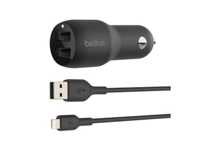 Belkin 24-Watt Dual USB Car Charger - 2 12W USB-A Ports with Lightning Cable - Fast Charging for Apple iPhone, Samsung Galaxy, AirPods, & More - USB-C Charger - size: 24W, style: Includes Lightning Cable