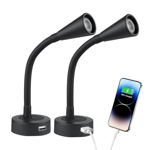 Acegoo 12V LED Reading Light RV Dimmable Reading Lamp with USB Charger 12 Volt Flexible Neck Light for Boat Camper Van Trailer Interior Lighting, Hard-Wired Surface Mount, 2-Pack