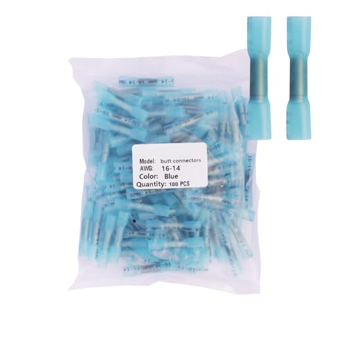 100PCS Blue Heat Shrink Butt Connectors AWG16-14(1.25-2.08mm² Wire), Waterproof Heat Shrink Wire Connectors,Tinned Copper 0.8mm,Insulated Crimp Butt Splice Electrical Connectors - color: Blue, size: butt connectors
