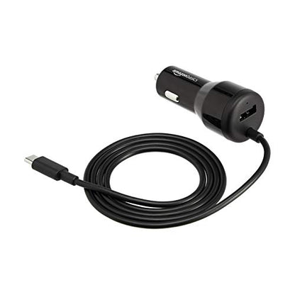 Amazon Basics 30W Fast Car Charger, 1 USB-C (18W) Cable with PD, 1 USB-A (12W) Port, Apple MFi Certified, for Phones (iPhone 16/15/14/13/12/11/X, Samsung, and more), Black - size: 18W