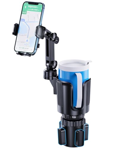 Cup Phone Holder for Car with Expandable Base, Upgraded 2 in 1 Hands Free Cellphone Holder Cupholder Car Mount, Stable Retractable Long Arm Universal Fit iphone and Large Bottle, for Truck SUV - color: Gray