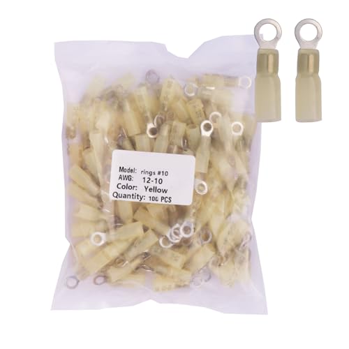 100pcs #10 Yellow Heat Shrink Ring Connector,AWG 12-10 Gauge Tinned Red Copper 0.7mm Ring Terminals Connectors Reliable Connection for Easy Electrical Wiring - color: Yellow, size: rings #10