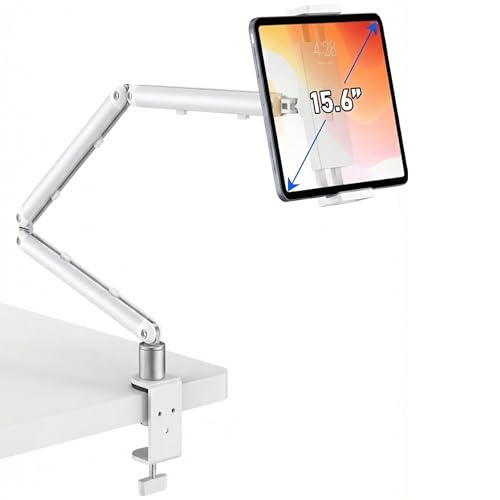 iPad Holder For Desk, Adjustable Tablet Arm iPad Desk Mount with C-Clamp - color: White, size: 15.6" Slim Clamp