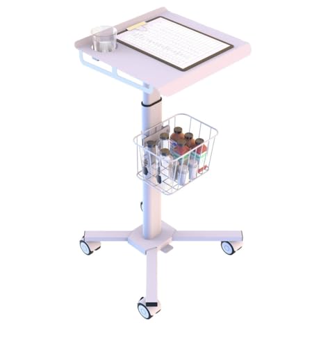 Mount Plus C01 Height Adjustable Mobile Medical Tablet Cart with Wheels and Tablet Enclosure Basket Storage | Medical Trolley for Hospital Clinic Beauty Salon | Pneumatic Mobile iPad Workstation