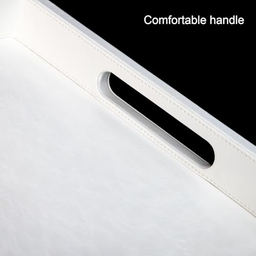 18 x 12 inches Leather Ottoman Serving Tray with Hole Handles, Rectangle Modern Service Tray for Living Room, Coffee Table, Bed, Tea, Food, Butler Countertop, Kitchen, Dinner, Picnic (White) - color: White, size: 18" x 12" x 2"