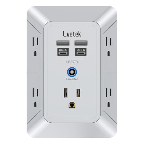 Multi Plug Outlet Surge Protector, Lvetek Outlet Extender with 5 Outlet and 4 USB Ports(2 USB C), 3-Sided Multiple-Plug Outlet Splitter Wall Charger for Home Travel Office,ETL Listed,Grey - color: Grey, size: 2U2C