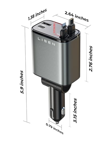 LISEN Retractable Car Charger, [2026 Upgrade 50 inch ] Long 4 in 1 Retractable Cable Car Charger, USB C Car Charger Fast Charging for iPhone 17 16 15 14 13 12 11 X Pro Max Plus Mini, Samsung S26 - color: Grey, size: 50 Inch