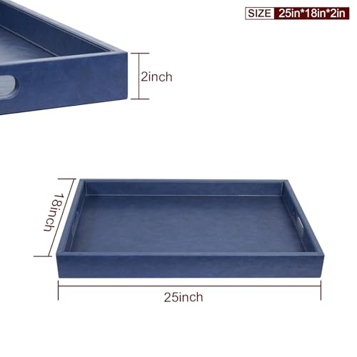 25x18 inches Leather Ottoman Serving Tray with Hole Handles, Rectangle Large Modern Service Tray for Living Room, Coffee Table, Bed, Tea, Food, Butler Countertop, Kitchen, Dinner, Picnic (Blue) - color: Blue, size: 25" x 18" x 2"