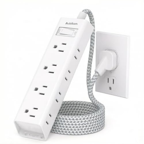 White Braided Power Strip Surge Protector with 12 Outlets - color: White&Gray, size: 10 Ft