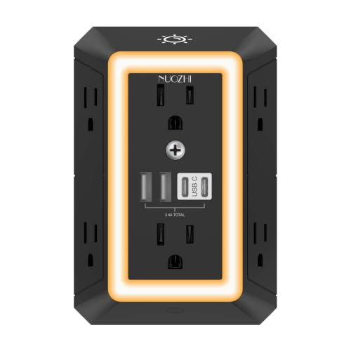 Outlet Extender Surge Protector - NUOZHI 6 Outlet Splitter with 4 USB Ports(2 USB-C) and Night Light, Multi Plug Wall Outlet 1680J Power Strip for Home Office Dorm Room Essentials, ETL, Black - color: Black(Night Light), size: 6 Outlets