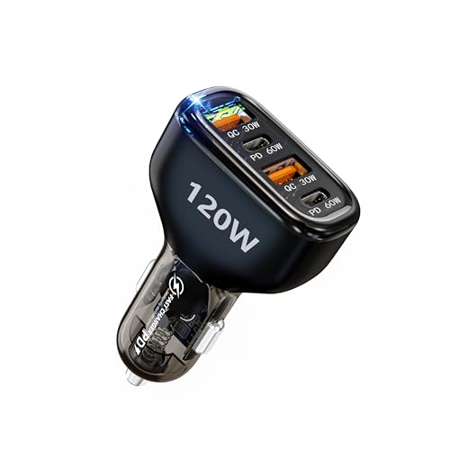Fast Car Charger USB C, Cigarette Lighter Adapter, 4 Port 120W Dual Type C & USB A Car Charger Adapter PD/QC Fast Charging for iPhone 16/15/Pro Max, iPad, Samsung Galaxy, Pixel, Android