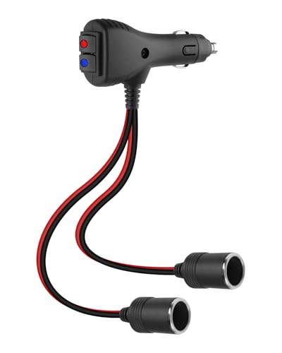 2 Way Car Cigarette Lighter Splitter Adapter, 12V 24V 15A Cigarette Lighter 1 to 2 Y Splitter Power Cable with Dual Independent On/Off Switches for Cars 0.3M/1FT