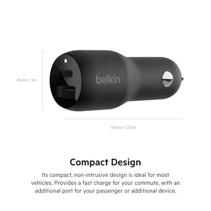 Belkin 37-Watt Dual USB Car Charger - Power Delivery 25W USB-C Port & 12W USB-A Port for PPS Charging Apple iPhone, Samsung Galaxy, AirPods, & More - size: 1.0 inches, style: Dual USB-A & C 37W
