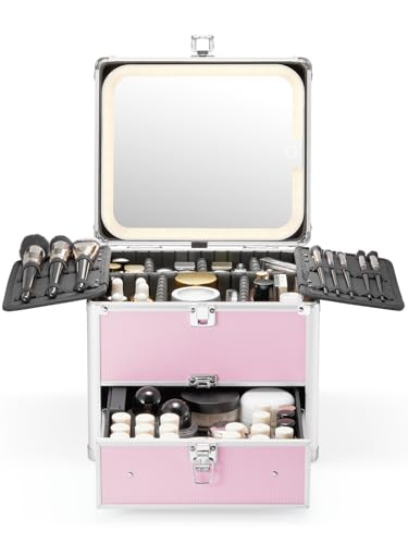 Qislee Makeup Box with Detachable Magnetic LED Mirror, Travel Train Case - color: Icy Pink, size: Large