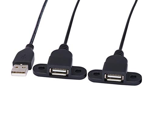 QiCheng&LYS USB 2.0 Male to Dual Female Charging Extension Cable, Furniture nightstand Sofa Electric Vehicle on-Board Charging Port, Panel Mount Cable with Screw Hole 5ft (2pcs) - color: 2 pcs Dual Female Black