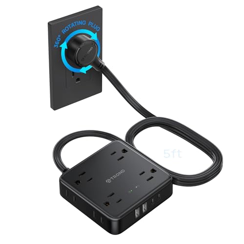 TROND 360° Rotating Flat Plug Power Strip 5ft, 8 AC & 4 USB (2U2C), Black - color: Black, size: 5FT, style: Rotating Plug-2U2C