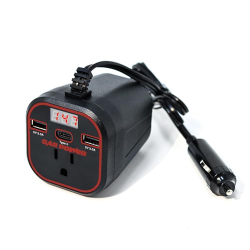 FAMIDGE 200W Car Power Inverter, 12v to 110v, Car Outlet Adapter with Dual USB and Type-C, Laptop Adapter, Red - color: 200W Stable Pro Red, size: Small