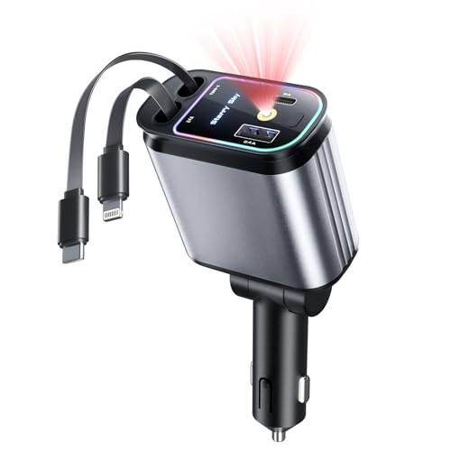 Starlight Retractable Car Charger with Retractable Cables, Starlight in Car Roof 4 in 1 Super Fast USB C Car Phone Charger, 2 USB Ports Starry Sky Adapter, Compatible with iPhone 17 16 15 14 13 12 - color: Deep Silver