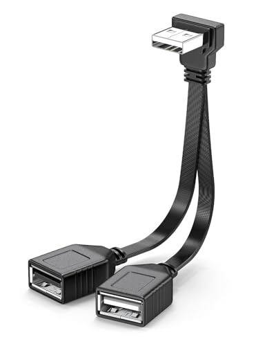 4 Inch USB Splitter Extension Cable, USB Male to Dual Female Adapter, 90 Degree Up Angle Right Angle Design, USB Port Expander for Car, CarPlay, Charging Devices and Data Transfer