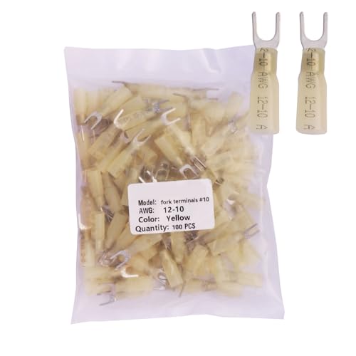 Fidioto 100pcs #10 Yellow Heat Shrink Fork Terminal connectors,AWG 12-10 Gauge Insulated Electrical Crimp Wire Terminals for Motorcycles,Automobiles,Tractors,Boats,etc - color: Yellow, size: fork terminals #10