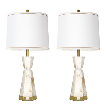 Scenekoy 27" Modern Alabaster Table Lamp Set of 2 with Night Light, USB A+C - color: White